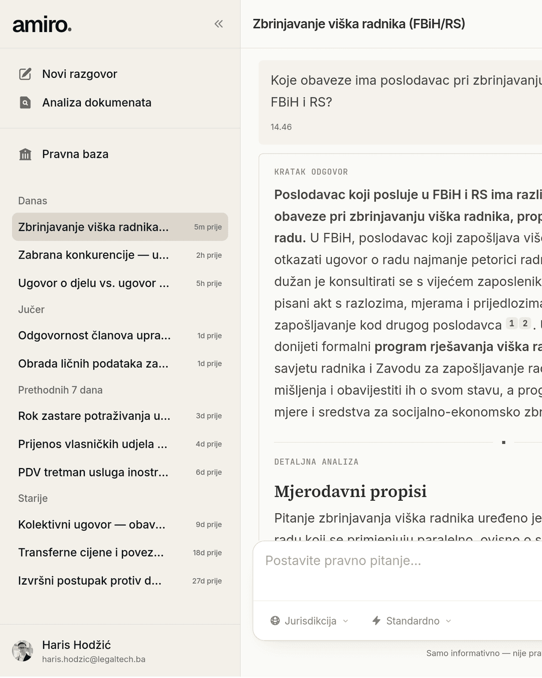 Amiro odgovara na pravno pitanje, s odredbom mjerodavnog propisa BiH citiranom i otvorenom uz odgovor.